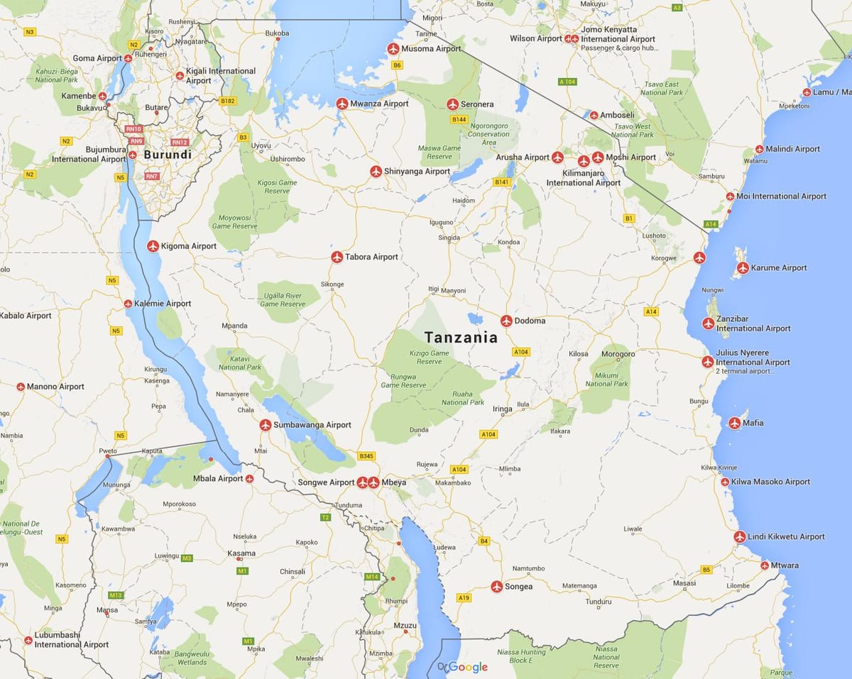 نقشہ تنزانیہ کے ہوائی اڈوں 