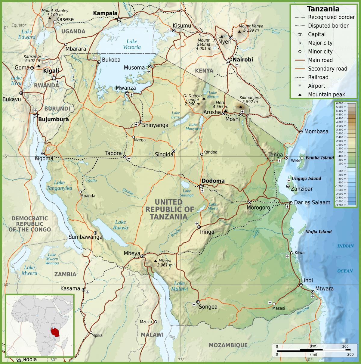 تنزانیہ سڑک کے نقشے کے ساتھ کلومیٹر