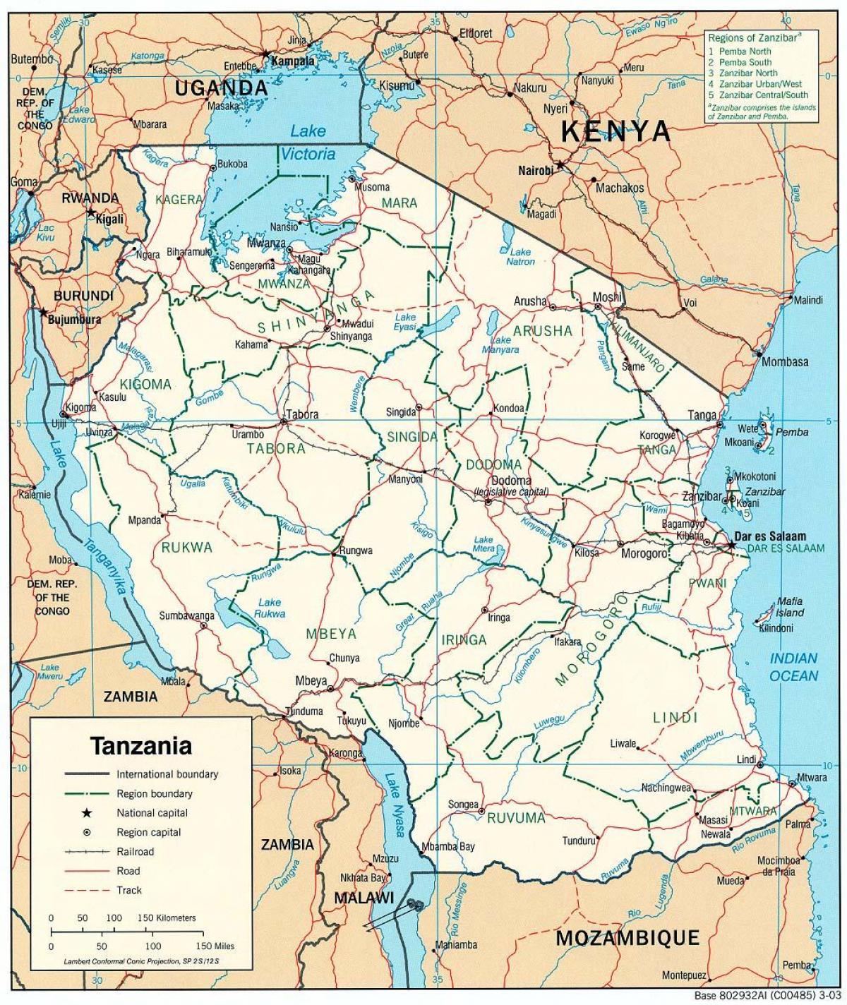 نقشہ تنزانیہ کے شہروں کے ساتھ
