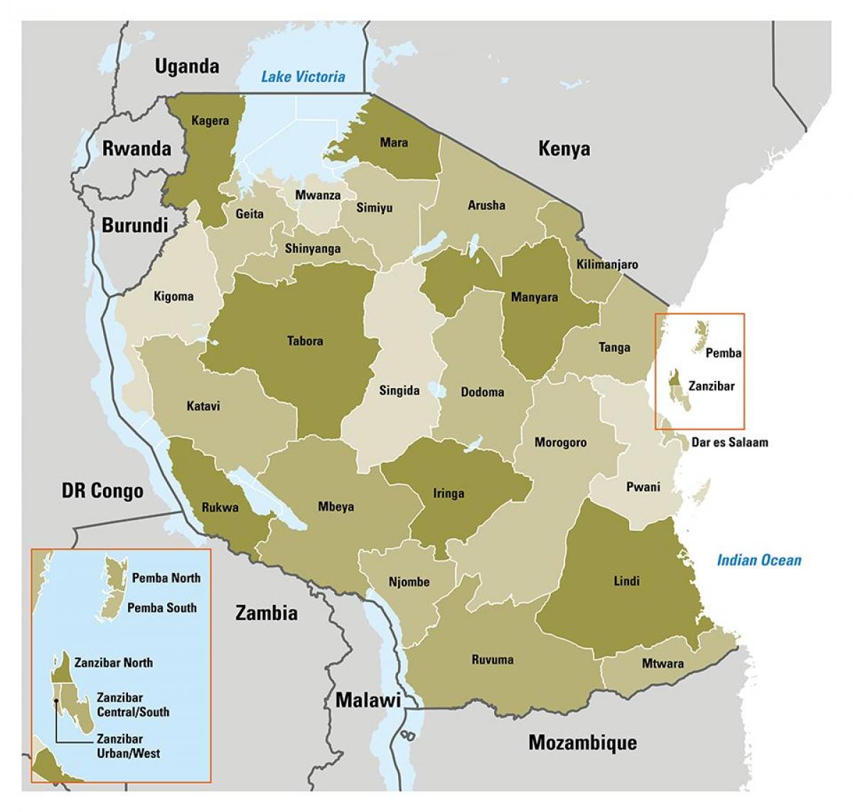 نقشہ کے تنزانیہ دکھا علاقوں