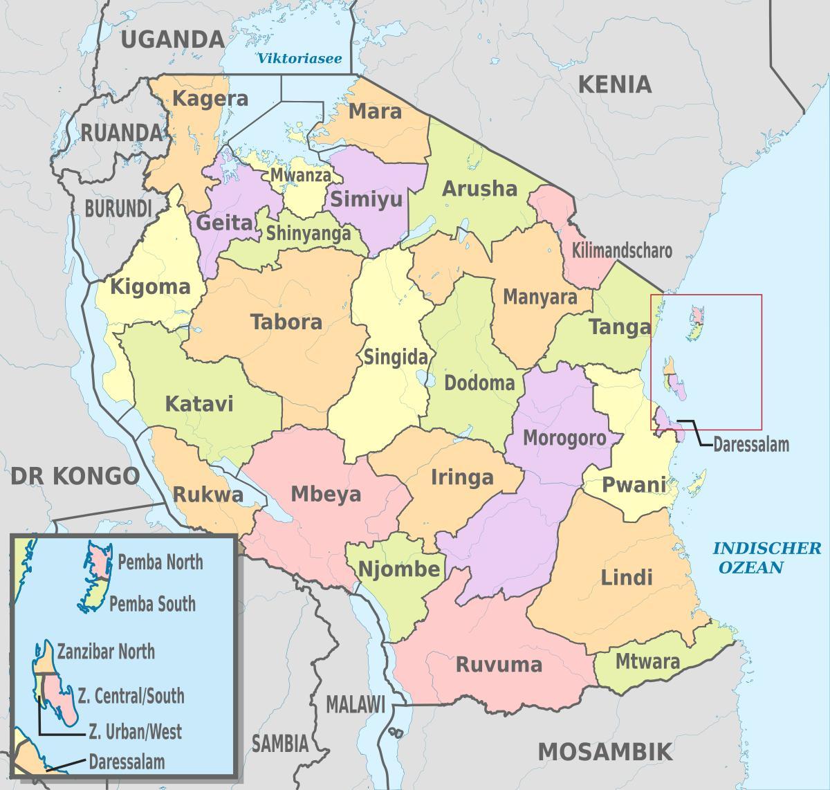 نقشہ کے تنزانیہ دکھا علاقوں اور اضلاع