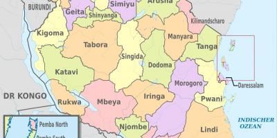 تنزانیہ کے نقشے کے ساتھ نئے علاقوں